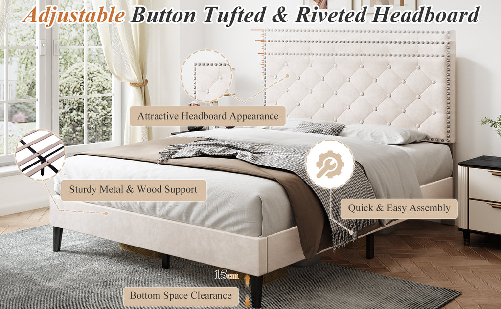 4ft6 Double Upholstered Velvet Bed Frame, with Adjustable Button-Tufted & Riveted Headboard, Velvet Platform Bed Frame with Solid Wood Slat and Mute Foam, No Box Spring Needed, Easy Assembly, Beige