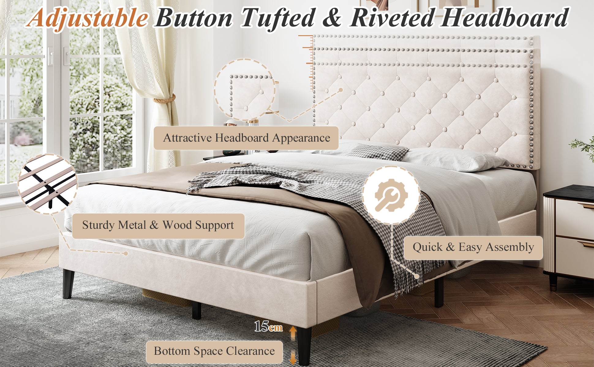4ft6 Double Upholstered Velvet Bed Frame, with Adjustable Button-Tufted & Riveted Headboard, Velvet Platform Bed Frame with Solid Wood Slat and Mute Foam, No Box Spring Needed, Easy Assembly, Beige
