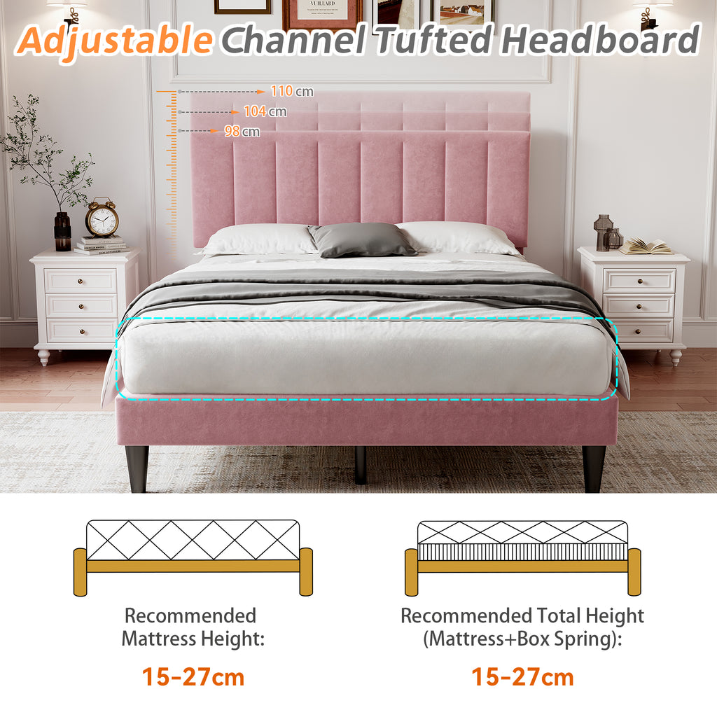 4ft6 Double Upholstered Velvet Bed Frame, with Adjustable Channel Tufted Headboard, Velvet Platform Bed Frame with Solid Wood Slat and Mute Foam, No Box Spring Needed, Easy Assembly, Pink