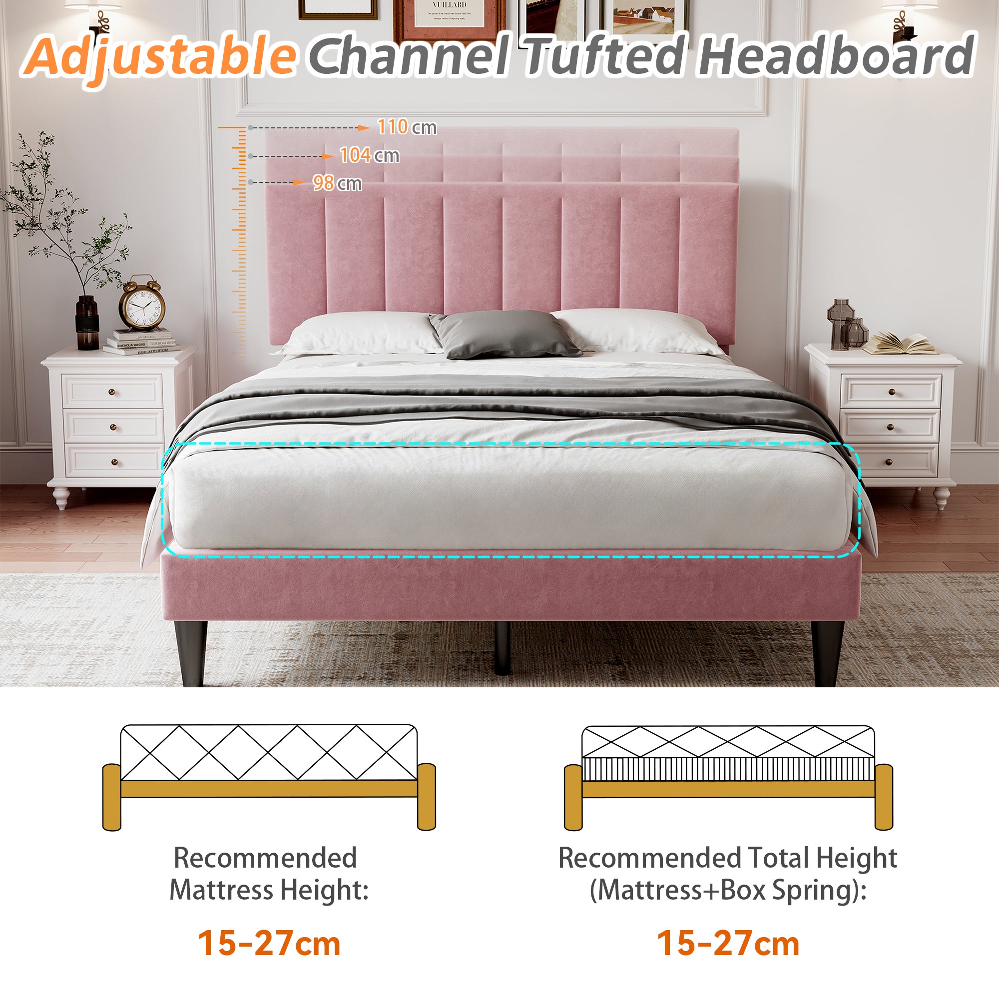 4ft6 Double Upholstered Velvet Bed Frame, with Adjustable Channel Tufted Headboard, Velvet Platform Bed Frame with Solid Wood Slat and Mute Foam, No Box Spring Needed, Easy Assembly, Pink
