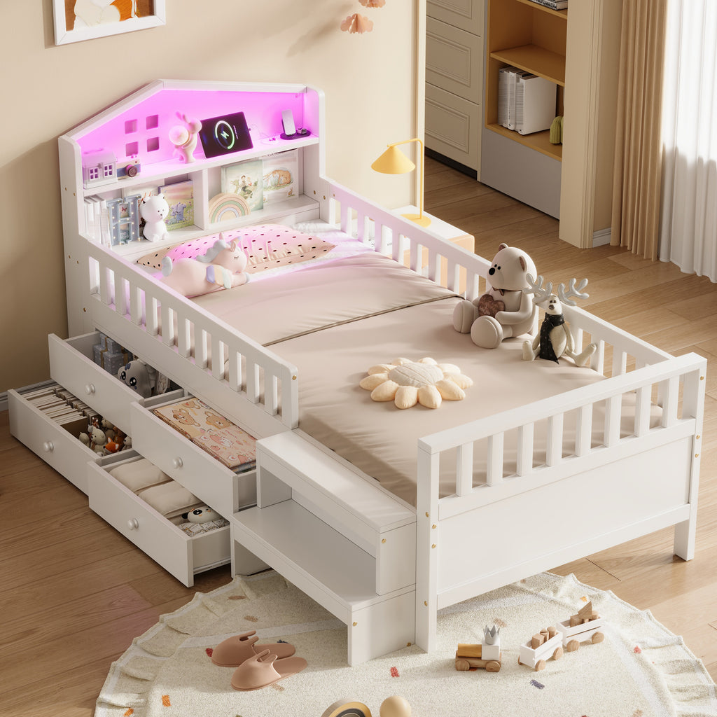 3ft Single Wooden Bed Frame with Step Stool, LED House-shaped Storage Headboard with Drawer Storage, USB and Type - C Ports, No Box Spring Needed, White (No Mattress)