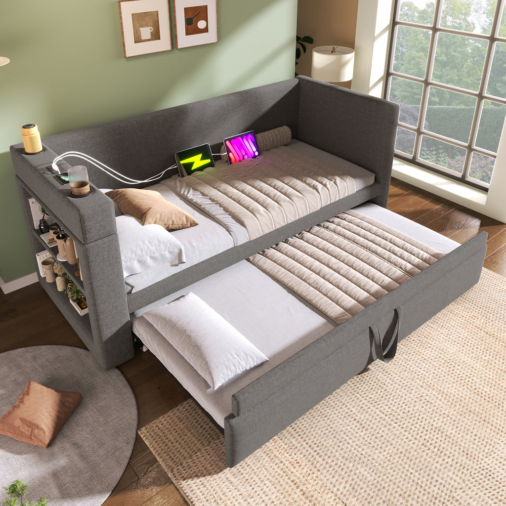 (=TT20148990G) Daybed Upholstered Bed 90 x 190 cm, 3FT Single Sofa Bed with Cup Holders, USB &Type C Charging Station, Pull out Trundle for Living Room and Bedroom, Linen, Grey  (No Mattress)