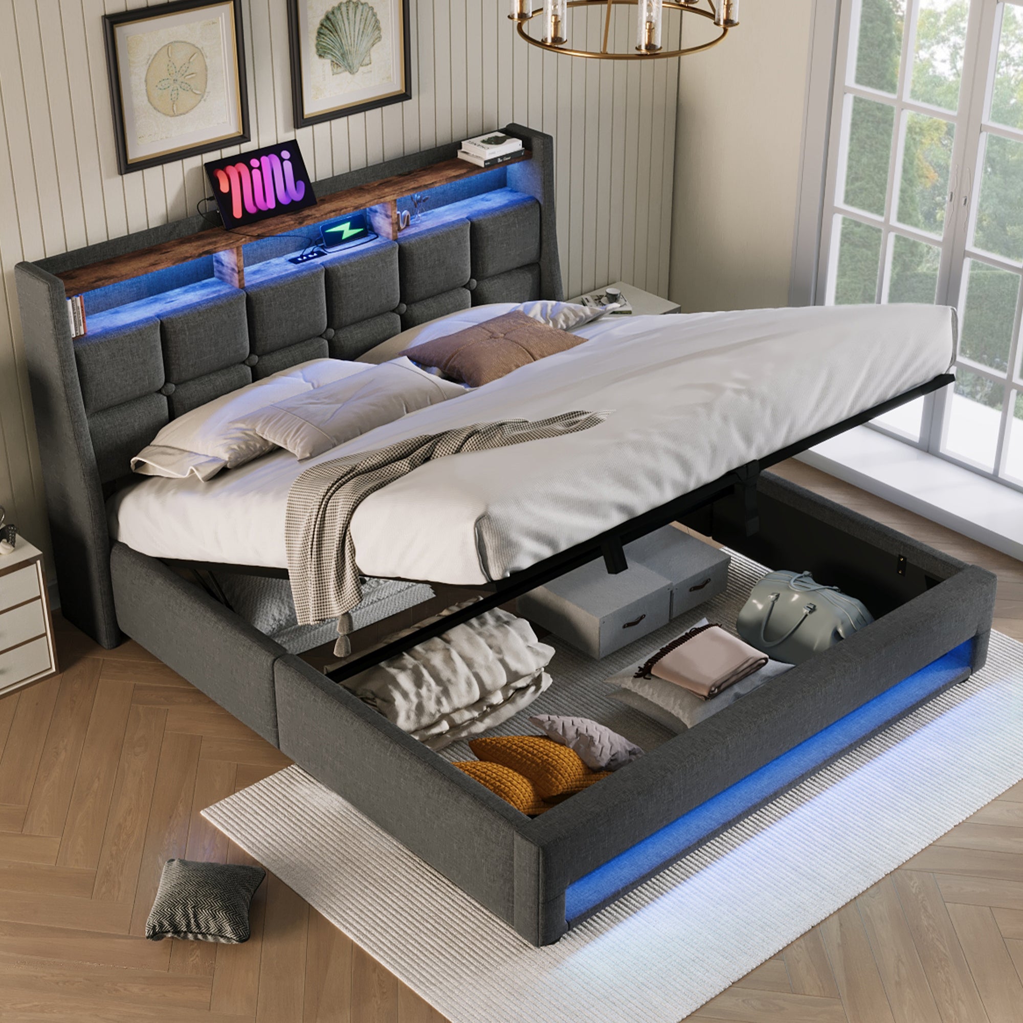 Upholstered Bed 150 x 200 cm with LED Lighting, USB Type-C Charging Function, Storage Headboard, 5FT King Size Storage Bed Frame with Metal Slatted Frame, Linen, Grey (No Mattress)