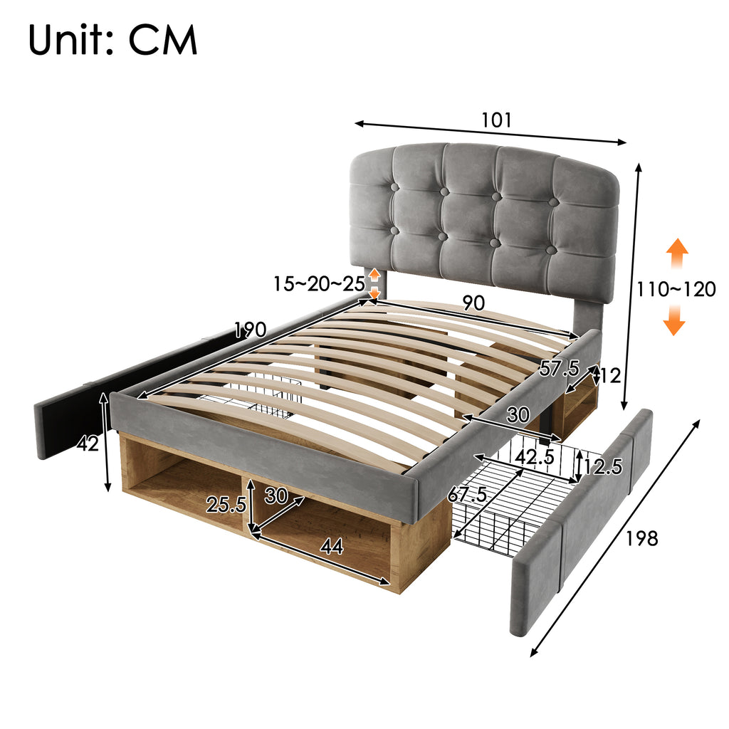 Upholstered Single Bed with Storage Compartments and Drawers, 3ft Single Bed with Adjustable Headboard, 90 x 190 cm, Velvet, Grey (No Mattress)