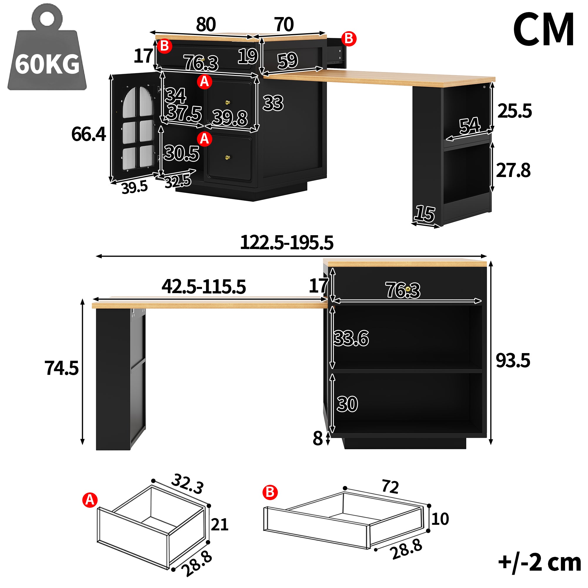 Extendable bar table with storage (122.5-195.5×70×93.5cm), with four drawers and curved glass door, kitchen island with extendable table, LED color light, for 2-6 people, kitchen dining cart with side