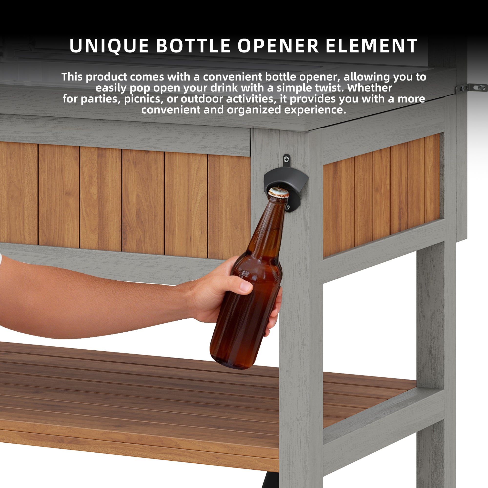 Garden cabinet with water basin & tap and integrated bottle opener – weatherproof tool cabinet with large work surface & drawer, grill station with adjustable shelves, outdoor kitchen cabinet