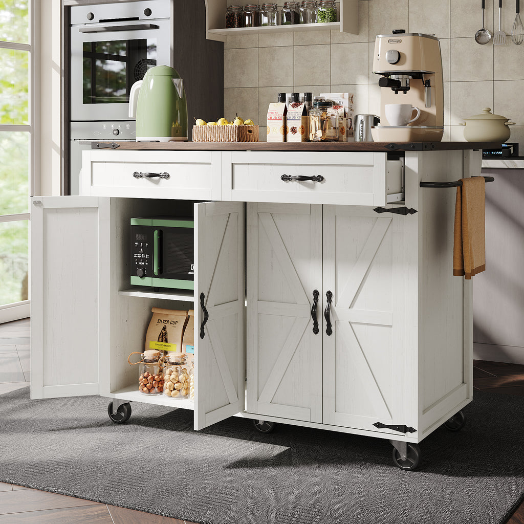 Farmhouse Style Rolling Kitchen Island Storage Trolley with Large Cabinet, 2 Drawers, Adjustable Shelf, Spice&Towel Rack, Dining Room Organiser Sideboard Cupboard Cabinet Cart, White