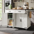 Farmhouse Style Rolling Kitchen Island Storage Trolley with Large Cabinet, 2 Drawers, Adjustable Shelf, Spice&Towel Rack, Dining Room Organiser Sideboard Cupboard Cabinet Cart, White