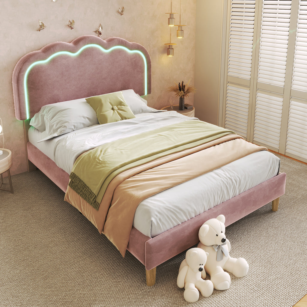 Upholstered Bed, 3ft 90x190cm Single Bed with LED, Bed Frame with Wooden Slats and Adjustable Height Headboard, Teen Bed for Bedroom and Guest Room, Pink, Velvet Material, Without Mattress.