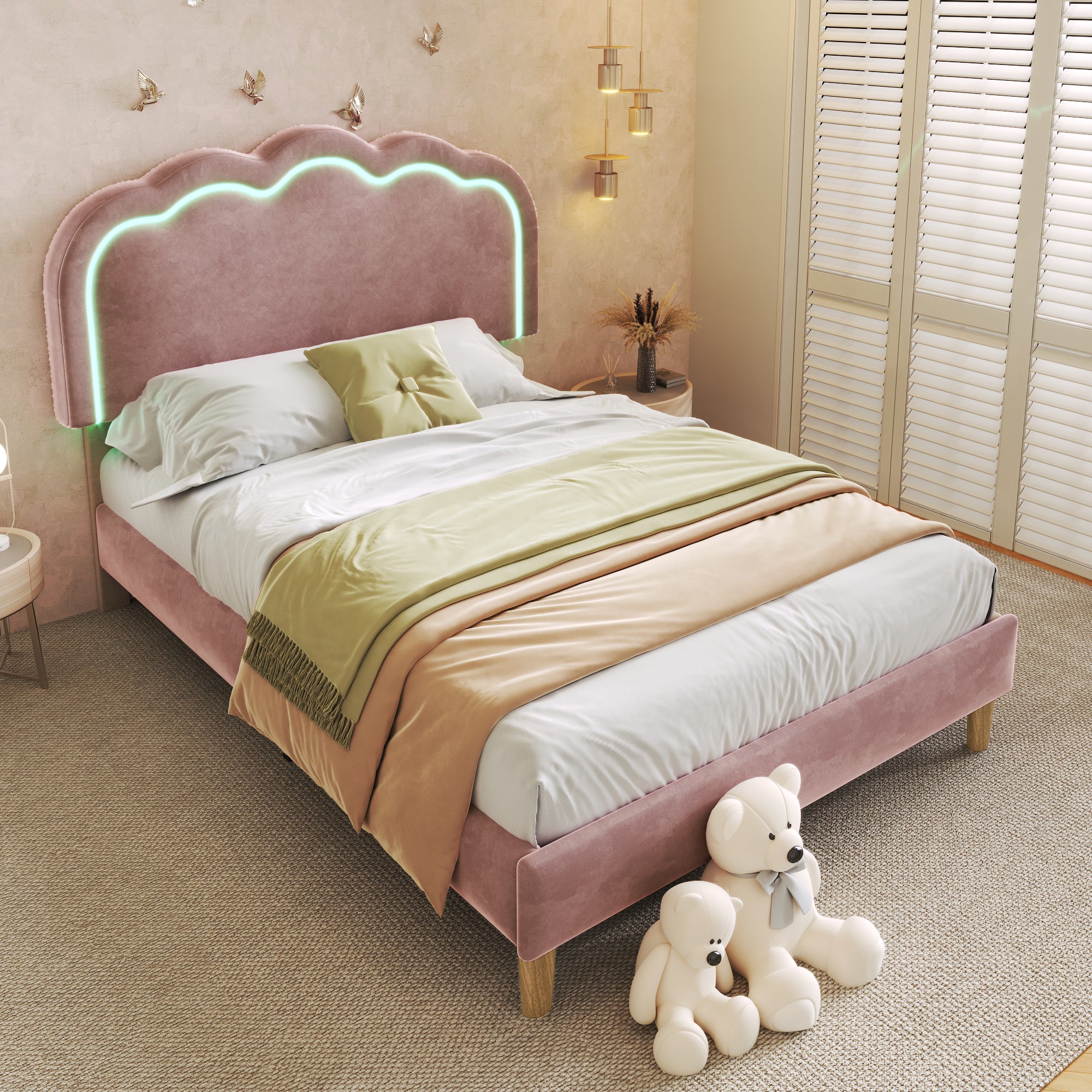 Upholstered Bed, 3ft 90x190cm Single Bed with LED, Bed Frame with Wooden Slats and Adjustable Height Headboard, Teen Bed for Bedroom and Guest Room, Pink, Velvet Material, Without Mattress.