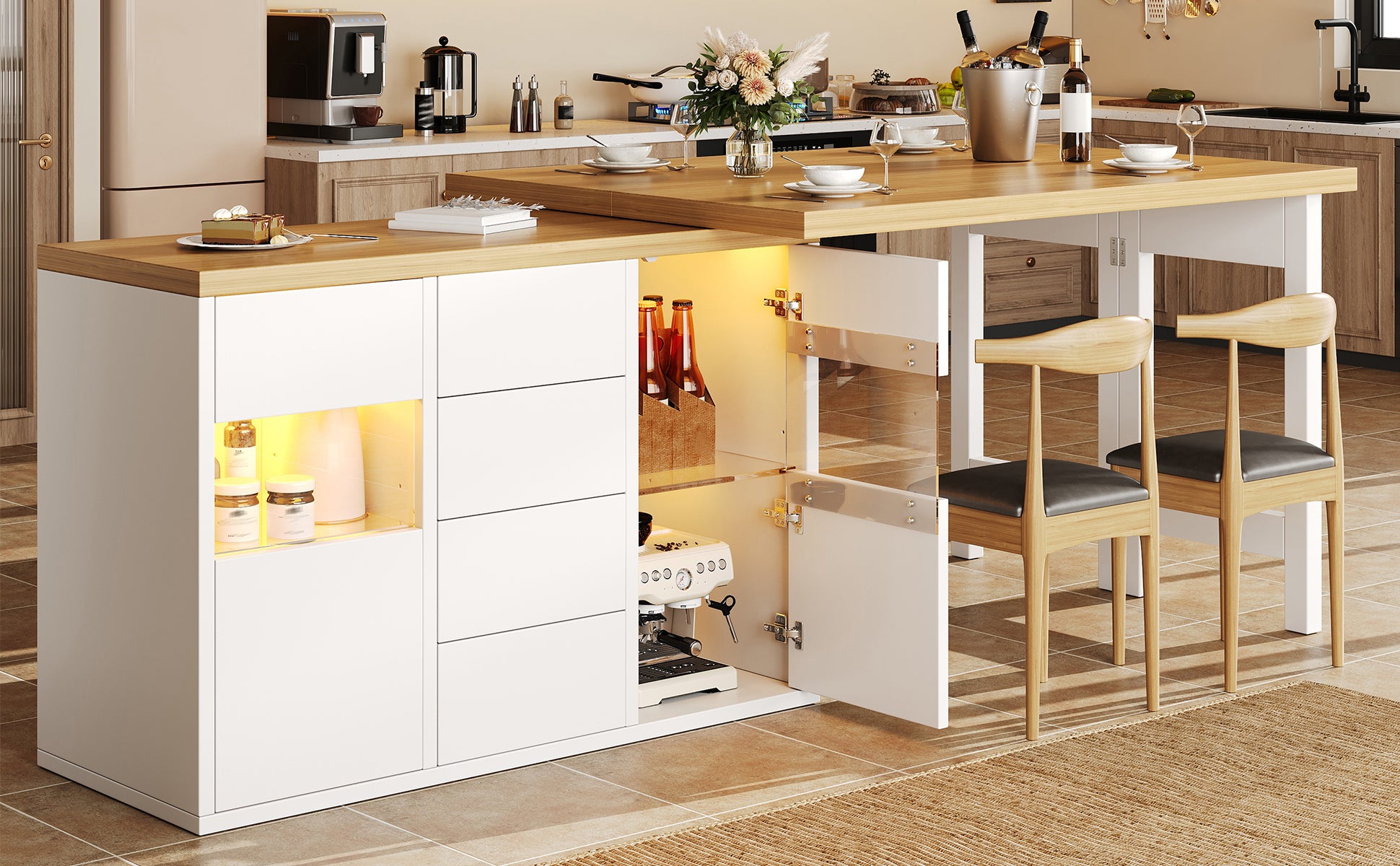 Extendable Sideboard & Dining Table Combo with LED Lights, Adjustable Dining Table with Storage, 4 Drawers & Glass Cabinet doors, White