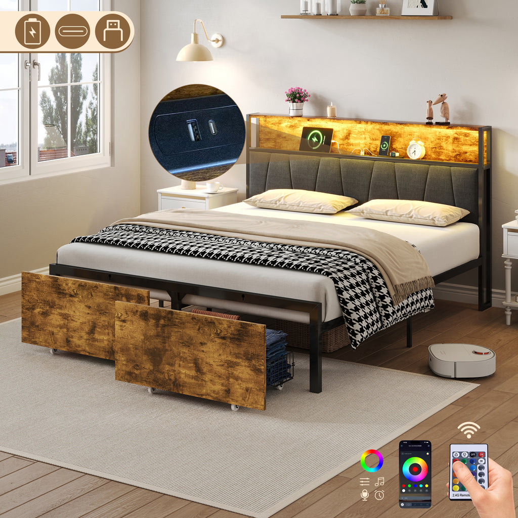 4ft6 Double Bed Frame with 2 Storage Drawers, RGB LED Storage Headboard with Charging Station, Metal Platform Bed Frame, No Box Spring Needed, Easy Assembly, Black+Walnut (No Mattress)