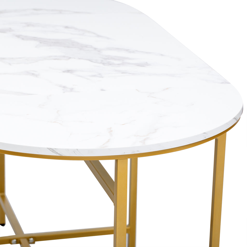 Dining group, (set, with dining table, 4 small stools and 2 large stools), kitchen dining table set made of steel frame, modern white and gold, 140*70*76cm, load capacity 120 kg