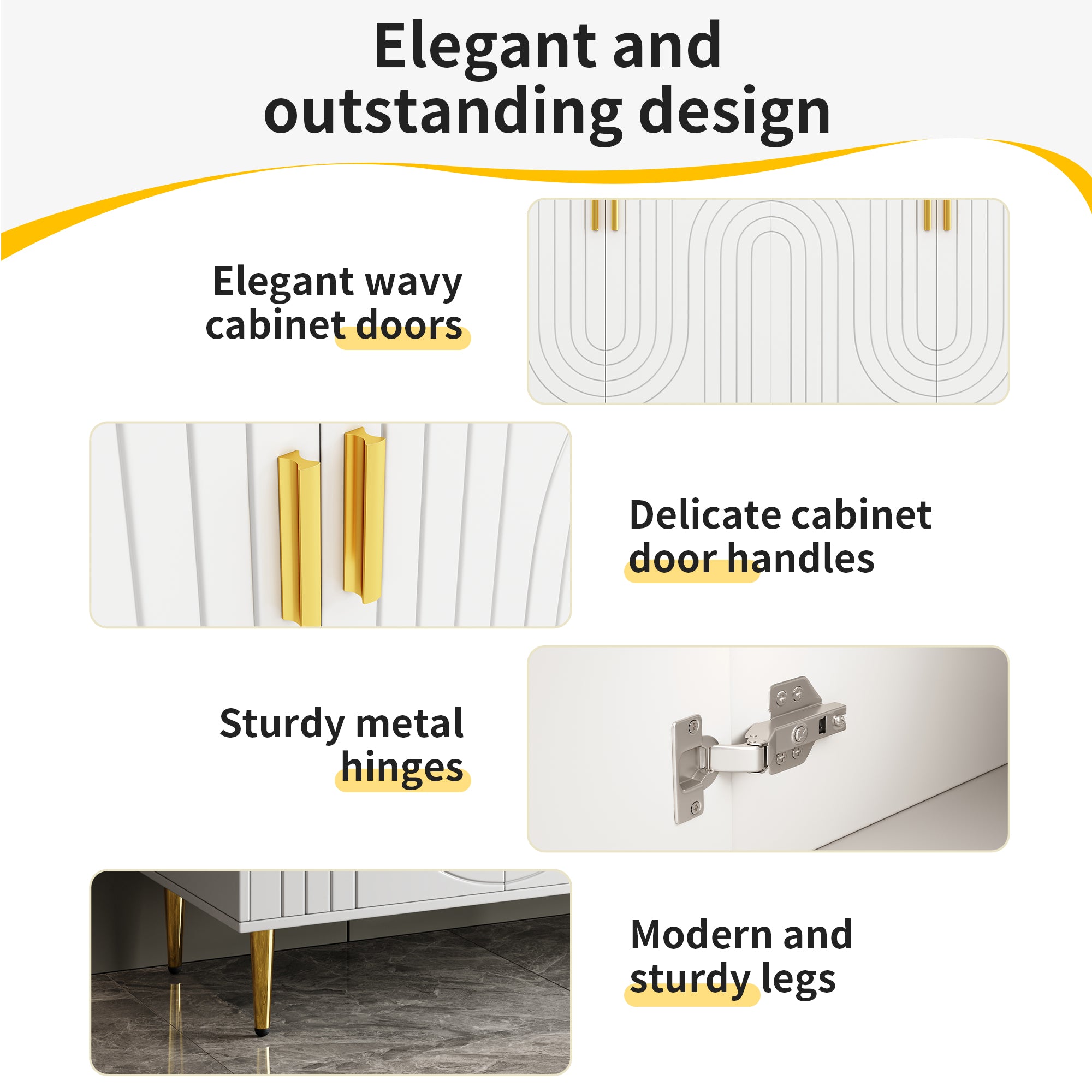 White sideboard (152 x 40 x 75 cm) with unique wave design and golden handles and feet, creating an elegant dining area