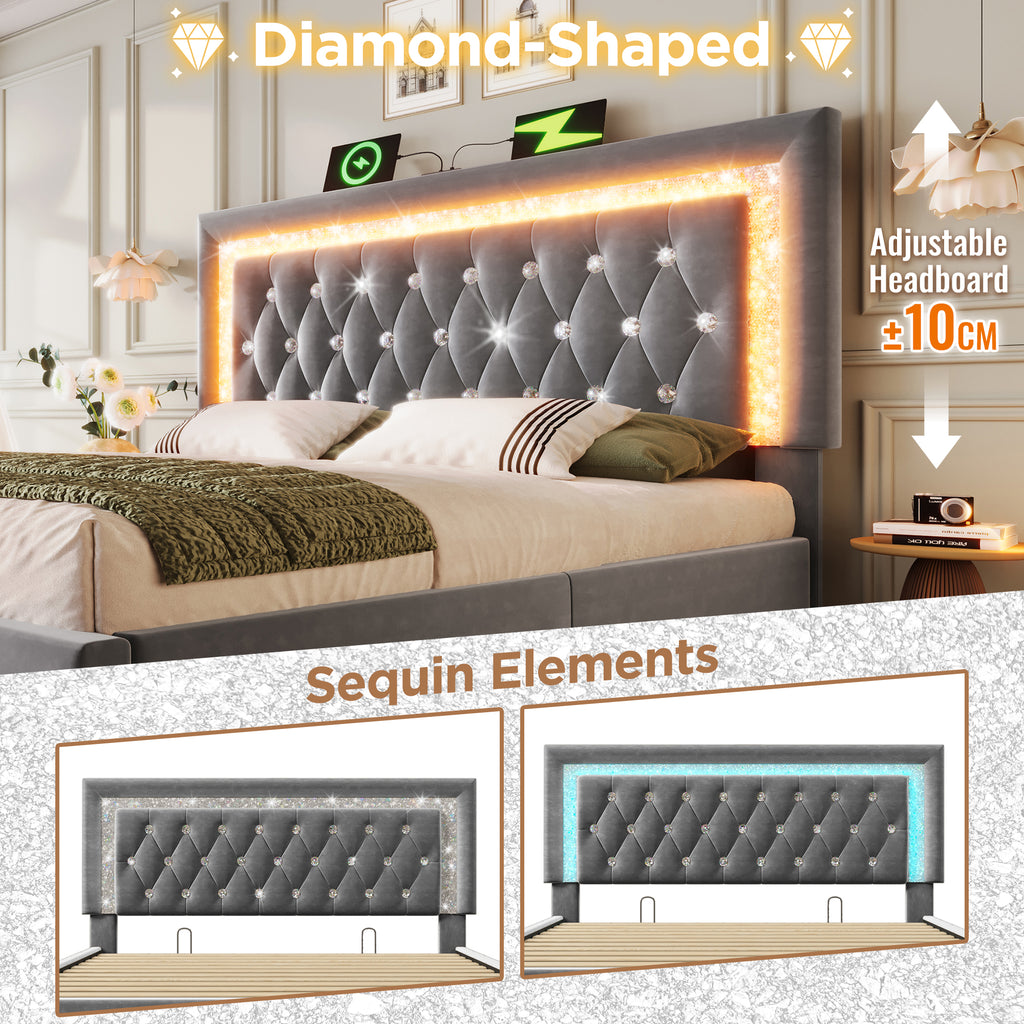 Upholstered Double Bed 135 x 190 cm with LED Lighting, USB Type-C Charging, 4ft6 Hydraulic Storage Bed with Adjustable Diamond Tufted Headboard, Velvet, Grey (No Mattress)