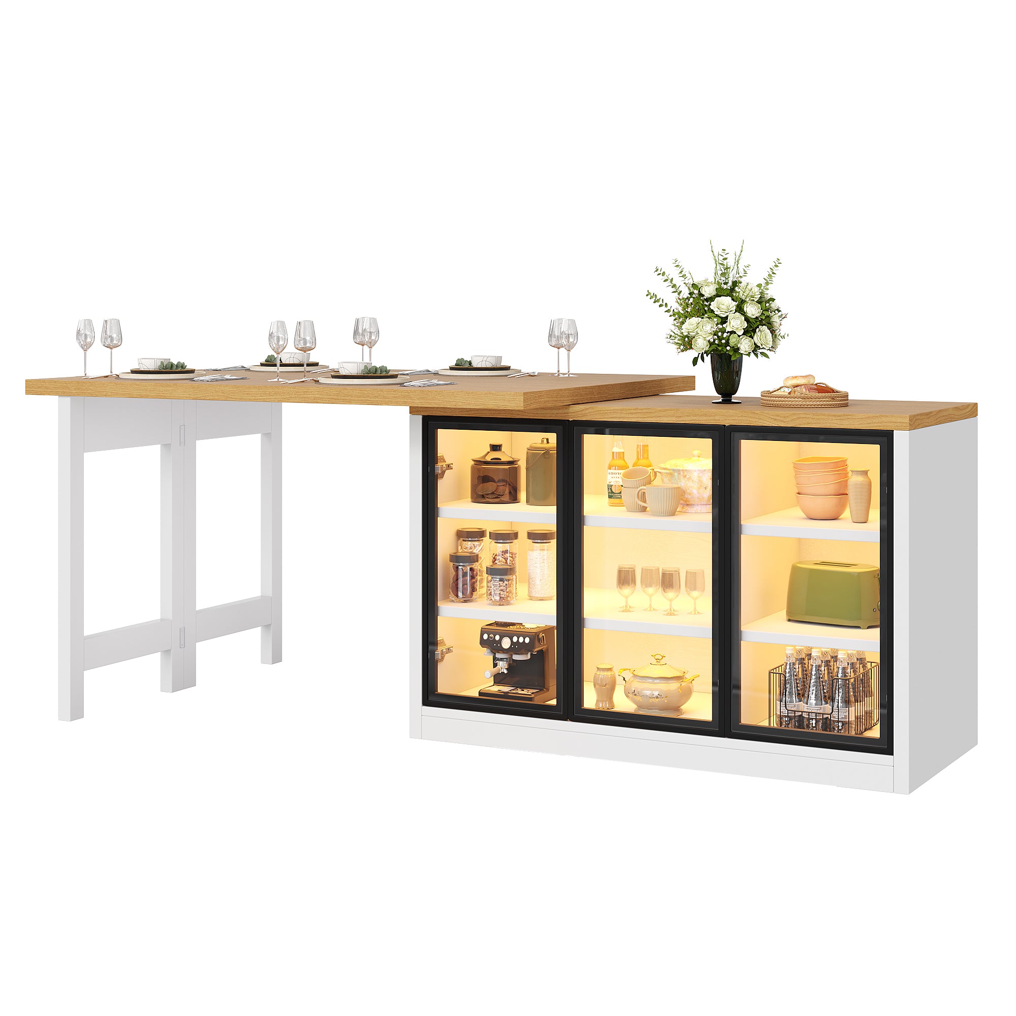 Extendable Sideboard & Dining Table Combo with LED Lights, Push-to-Open Glass Display Cabinet, Space Saving Sideboard for Small Flat, White
