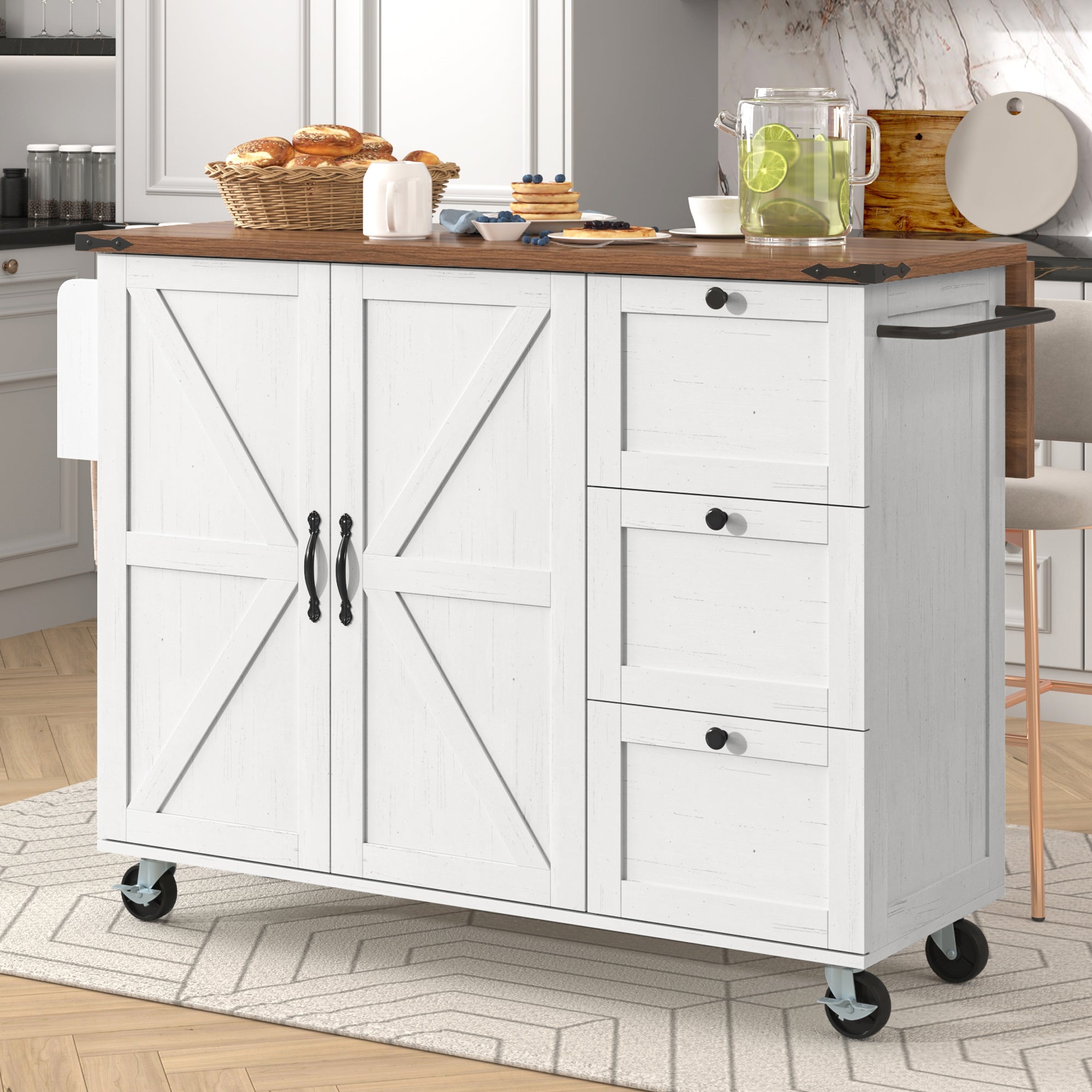 Kitchen island, serving cart with extendable worktop, kitchen cabinet, kitchen trolley, dining cart with wood grain, dining cart with two doors and three drawers