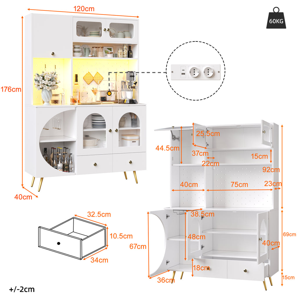 Tall Kitchen Cabinet with LED Lights & USB Ports, Modern Sideboard Storage Cabinet with Power Outlets, Perforated Wall, Drawer & Glass Shelves, for Kitchen & Living Room, 120x40x176 cm, White