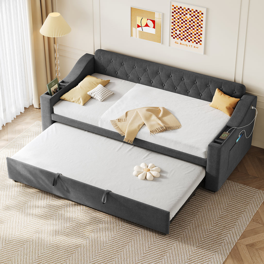 Upholstered Bed 90x190cm, Daybed, Sofa Bed with Charging Station, 3ft Single Linen Daybed with Armrest Storage. Pull out Trundle Bed for Living Room/ Bedroom/ Study Room, Grey (No Mattress)