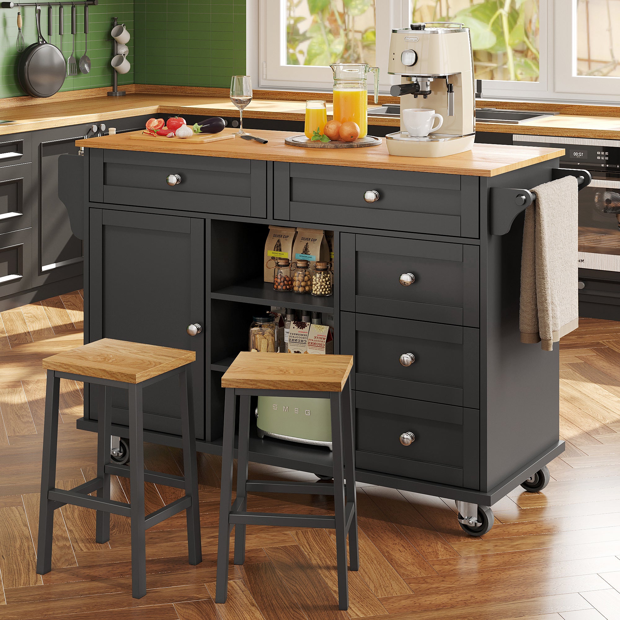 Dining trolley (134 x 46 x 92 cm), modern and simple black dining trolley, drawer-storage cabinet combination, mobile and fixed dual-use design, suitable for home kitchens, black
