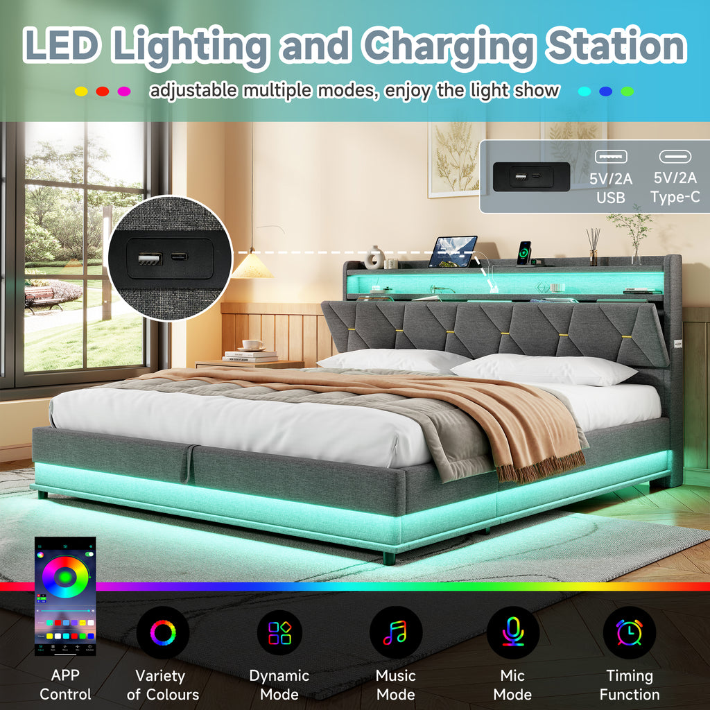 6ft Super King Upholstered Bed Frame with Hydraulic Storage,  LED Headboard with Charging Station and Concealed Headboard Storage, USB and Type - C Ports, Linen,  Grey (No Mattress)