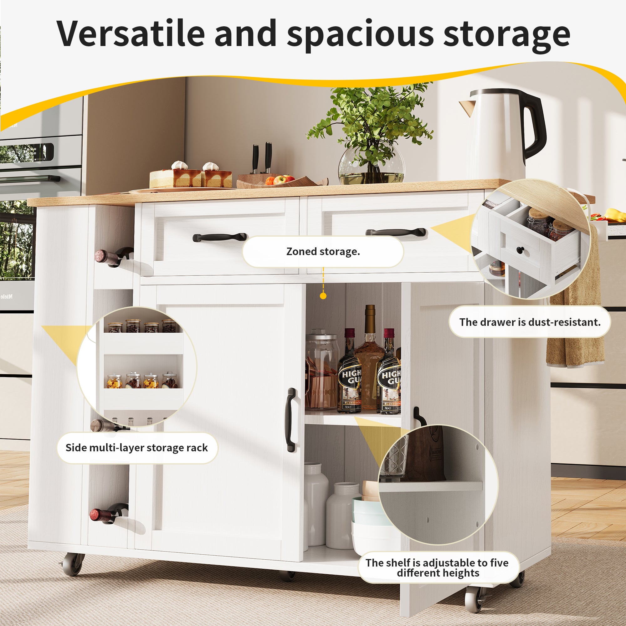 Kitchen island, kitchen trolley equipped with power socket, kitchen cabinet, removable serving trolley with wine rack, buffet cabinet, dining trolley with wood grain, buffet cabinet, white