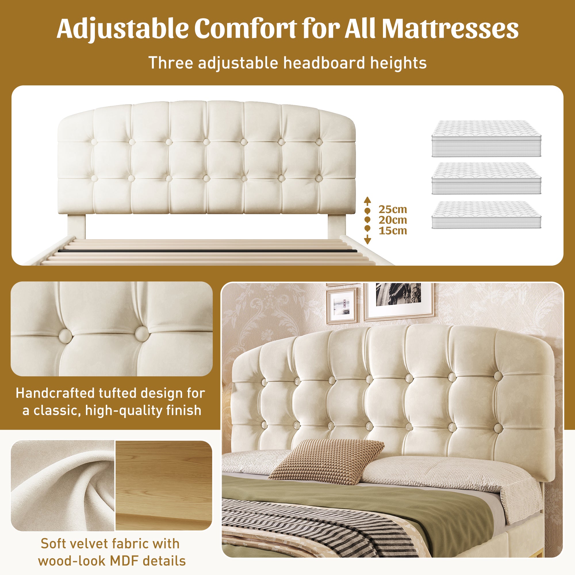 Upholstered King Bed with Storage Compartments and Drawers, 5ft King Bed with Adjustable Headboard, 150 x 200 cm, Velvet, Beige (No Mattress)
