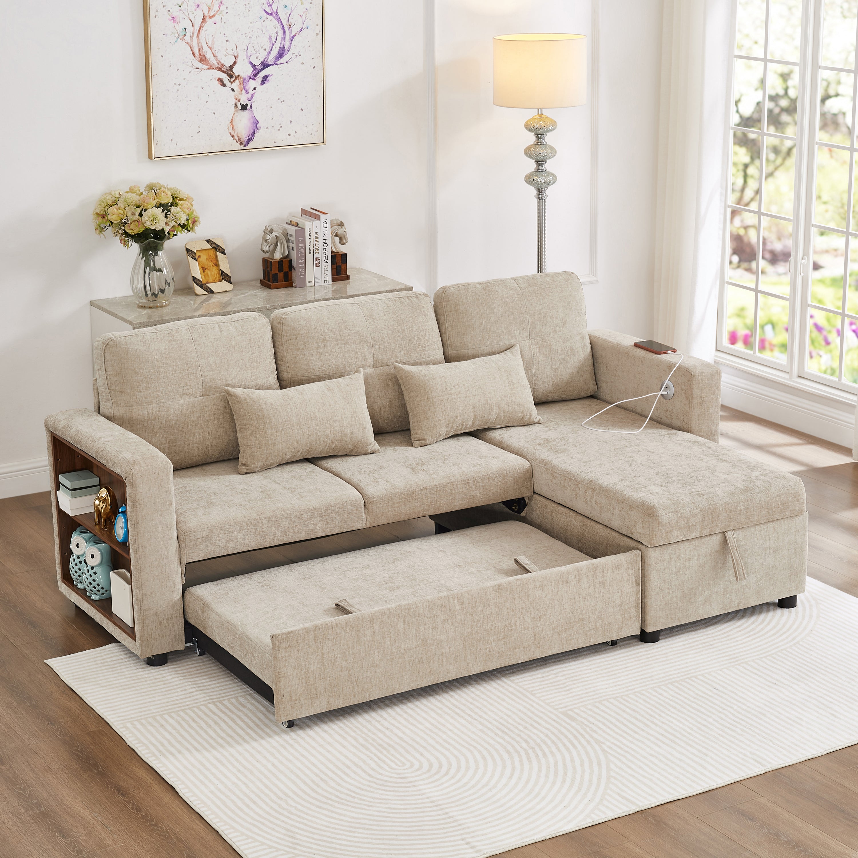 3-in-1 Convertible Chenille Sectional Sofa Bed with Reversible Storage Chaise, L-Shaped Sleeper Sofa with Integrated Charging Station and Adjustable Armrest Side Storage, USB & Type-C Ports, Beige