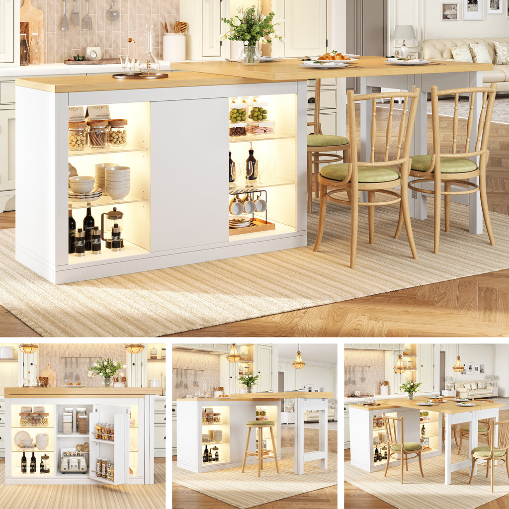 Extendable Sideboard with LED Lights, 120-197 cm Adjustable Dining Table with Storage, Kitchen cabinet with glass shelves & snack rack, White/Black