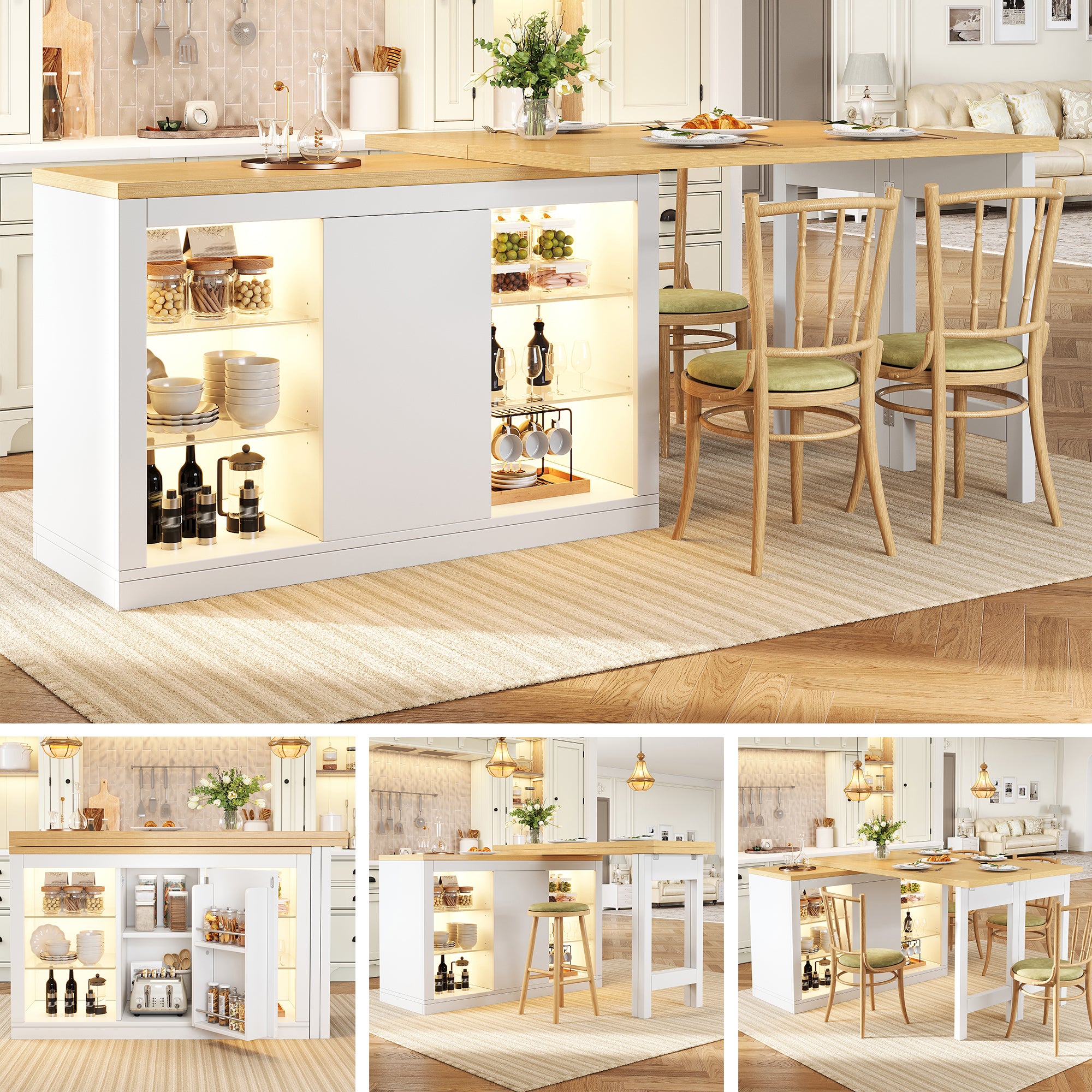 Extendable Sideboard with LED Lights, 120-197 cm Adjustable Dining Table with Storage, Kitchen cabinet with glass shelves & snack rack, White/Black