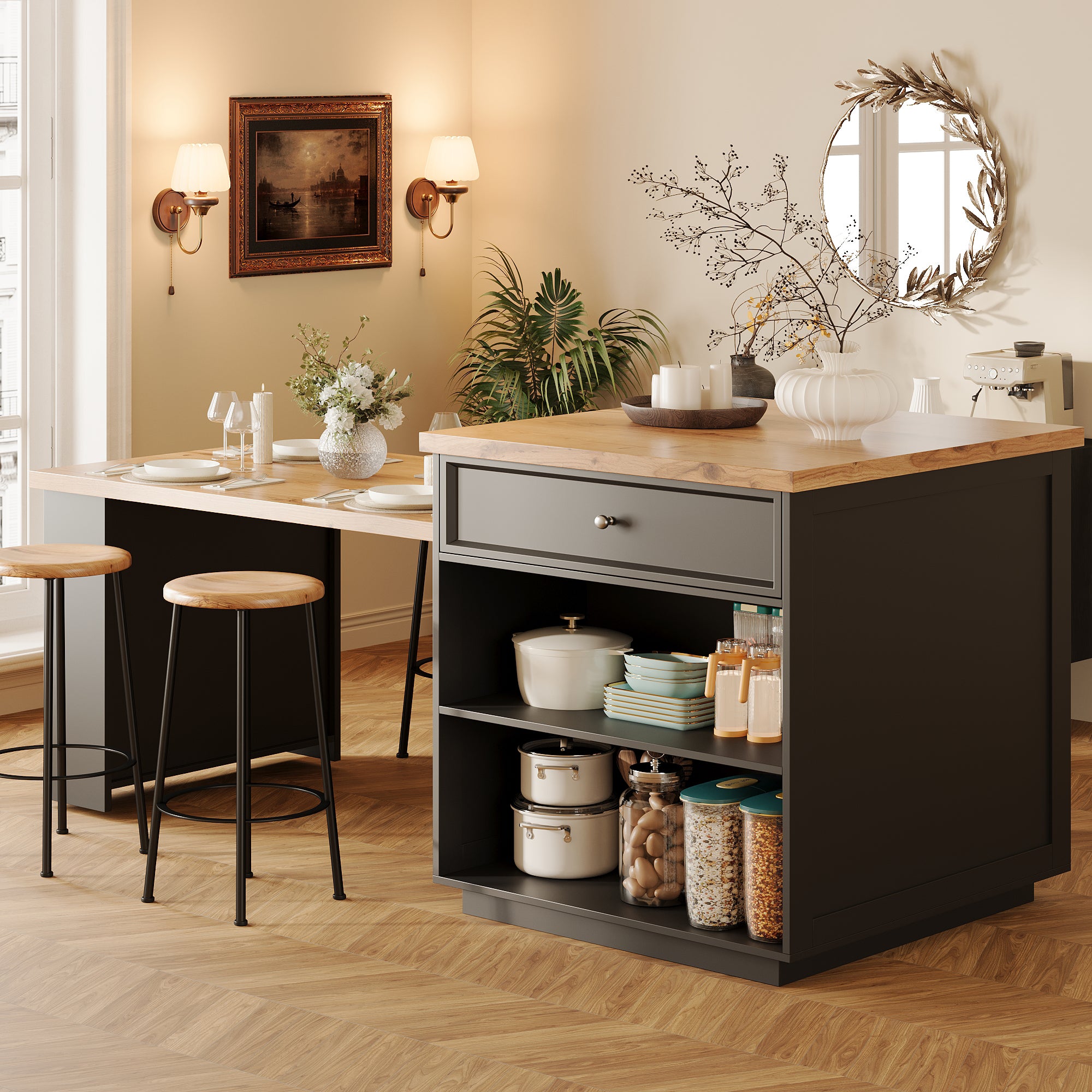Extendable kitchen island (120-184 cm) with drawers and casters, mobile kitchen island with wood-look tabletop, versatile counter island for kitchen, dining room & bar counter, white/black