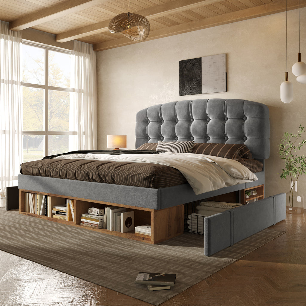 Upholstered Single Bed with Storage Compartments and Drawers, 3ft Single Bed with Adjustable Headboard, 90 x 190 cm, Velvet, Grey (No Mattress)