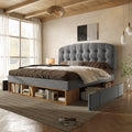 Upholstered King Bed with Storage Compartments and Drawers, 5ft King Bed with Adjustable Headboard, 150 x 200 cm, Velvet, Grey (No Mattress)