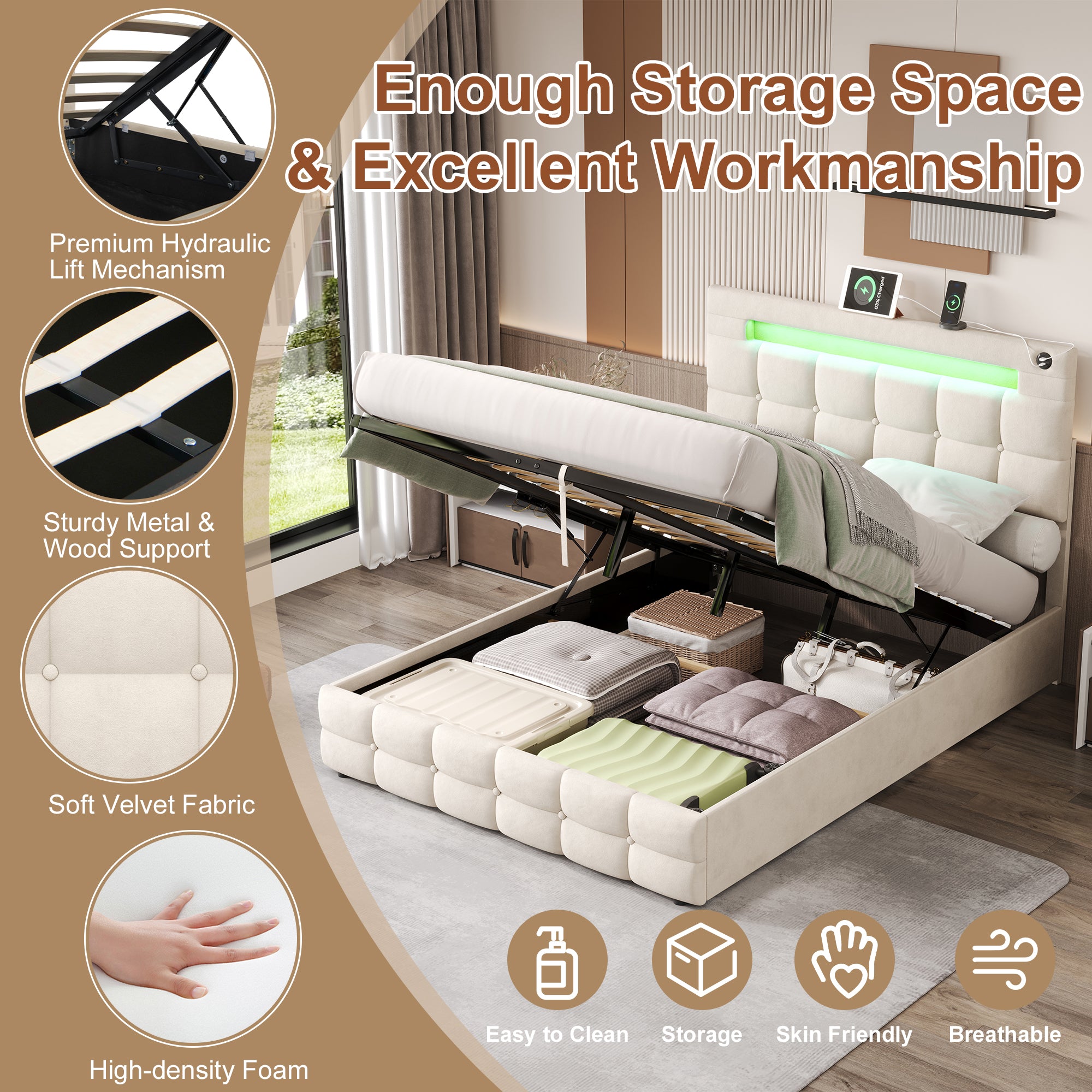 4ft6 Double Upholstered Bed Frame with Hydraulic Storage, Velvet Ottoman Bed with LED Lighting and Charging Station,  Double Bed with Adjustable Button Tufted Headboard, Beige (No Mattress)