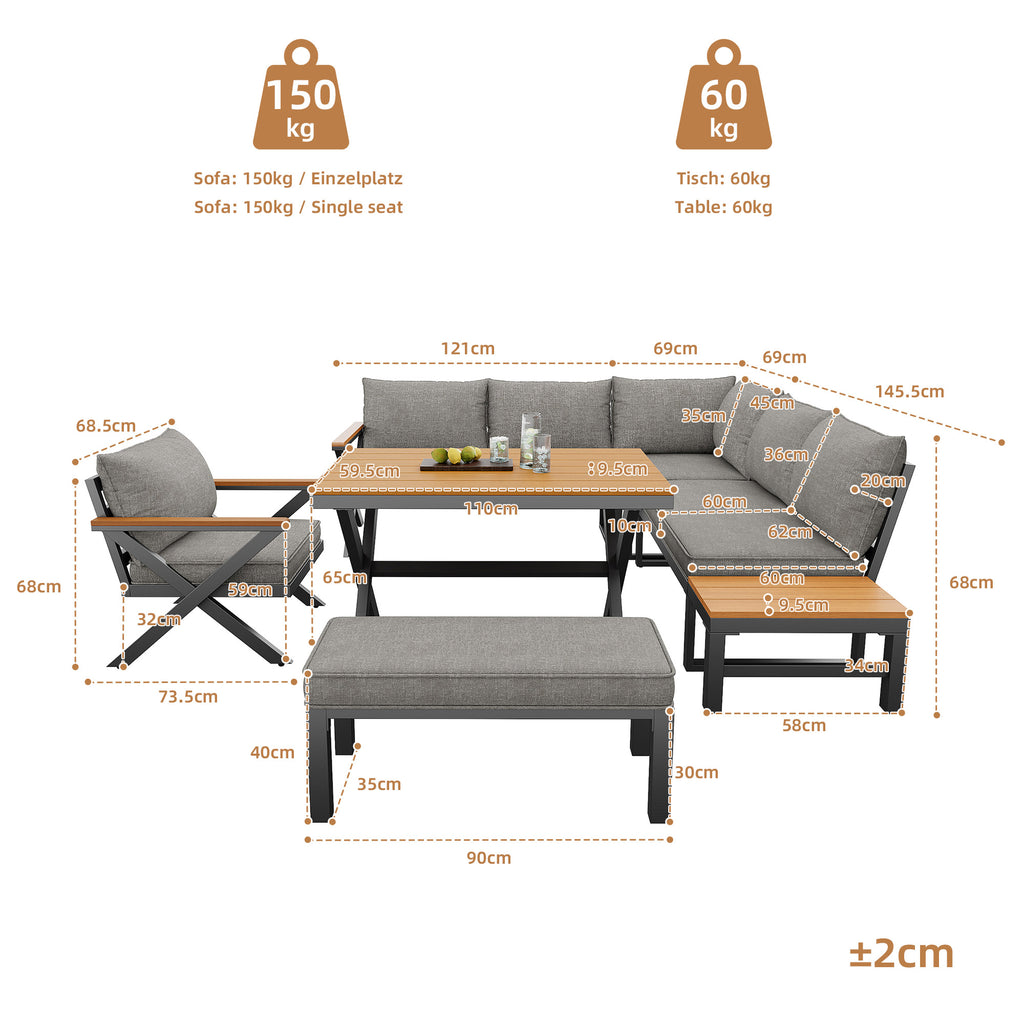Outdoor Sofa Set with X-Shaped Metal Frame, 8cm Thick Cushions, Plastic Wood Armrests, for Patio & Garden