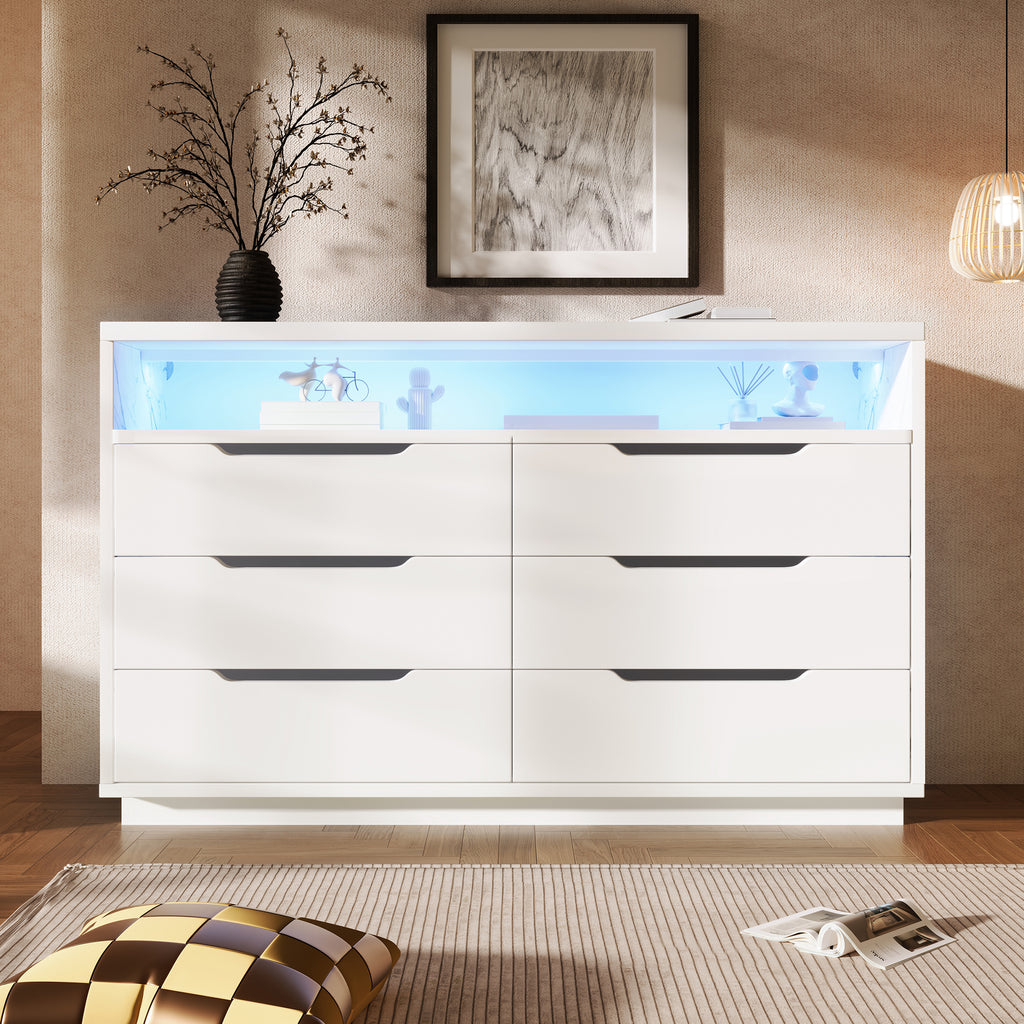 Marbled 6-Drawer Sideboard, Modern Storage Cabinet with RGB LED Lighting & Shelves, Chest of Drawers for Living Room Home Office, 85 x 120 x 40 cm, White