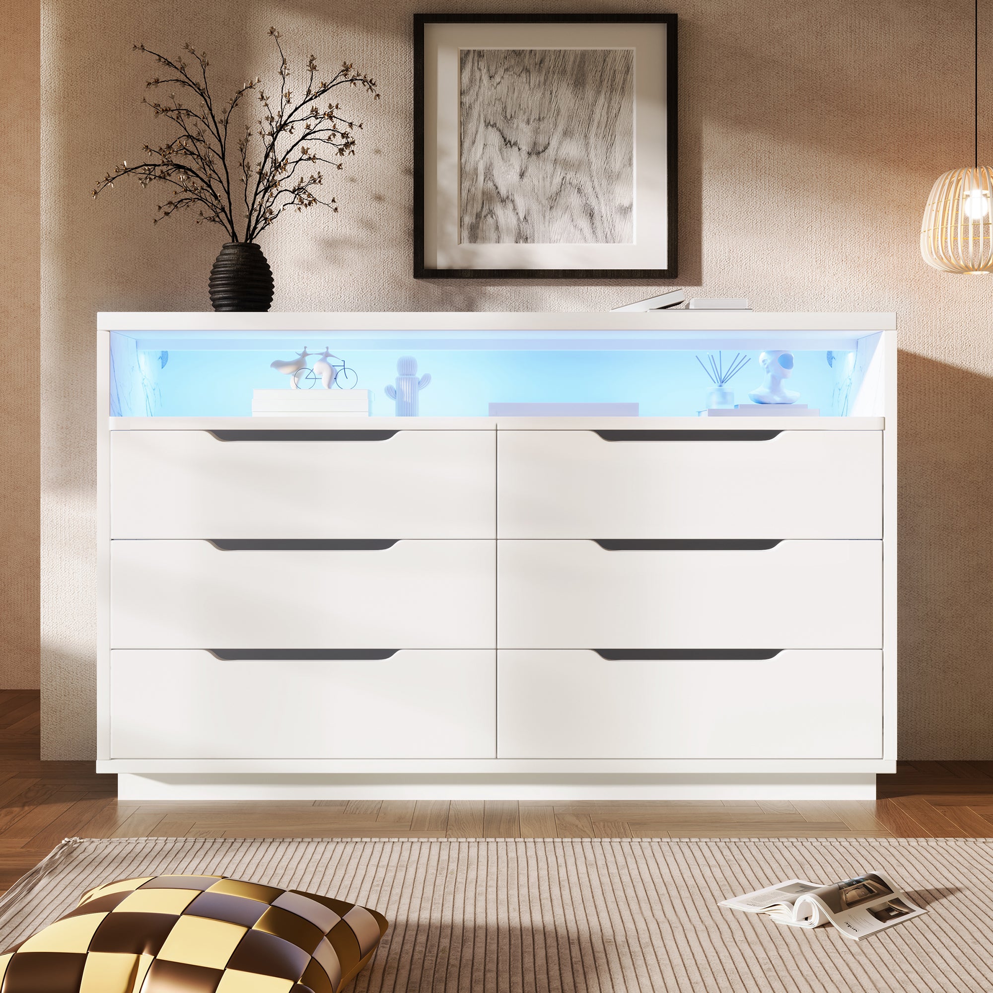 Marbled 6-Drawer Sideboard, Modern Storage Cabinet with RGB LED Lighting & Shelves, Chest of Drawers for Living Room Home Office, 85 x 120 x 40 cm, White