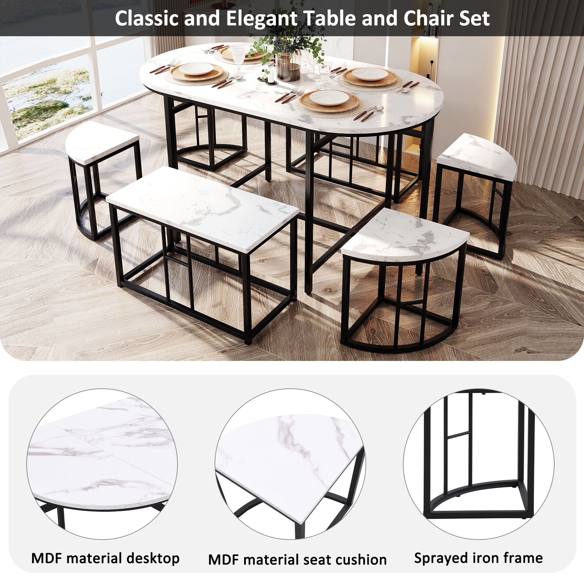 Dining room table set with six chairs, Dining group with white MDF seat cushions and gold-plated iron frames, Modern luxury tables and chairs