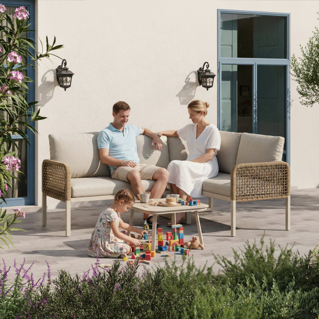 Garden Set with Wood-look Tempered Glass Table, Convertible 4 Seater Polyester Rope Conversation Set with Sofa and Armchairs, Weatherproof Outdoor Patio Corner Sofa for Balcony and Terrace,Beige