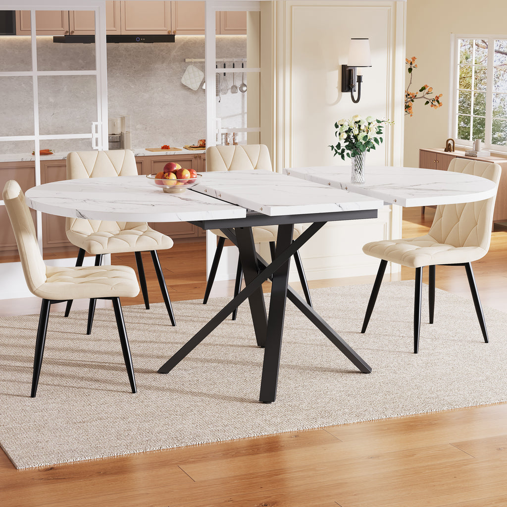 Extendable dining table 100-140cm, round-oval table, stable X-metal frame, adjustable feet, white&black
