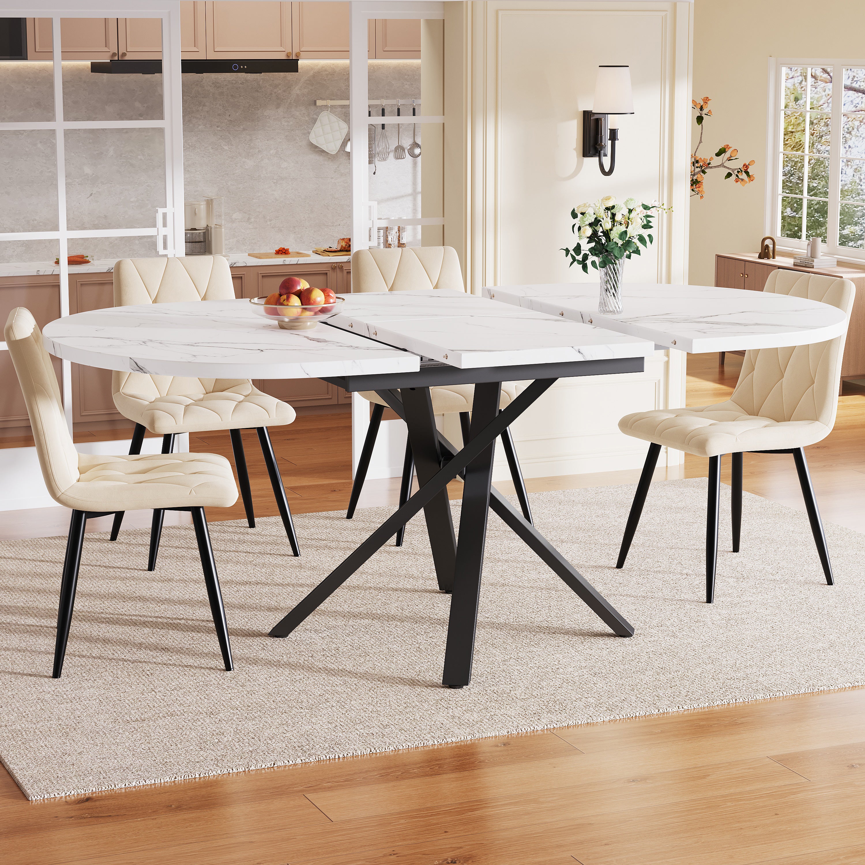 Extendable dining table 100-140cm, round-oval table, stable X-metal frame, adjustable feet, white&black