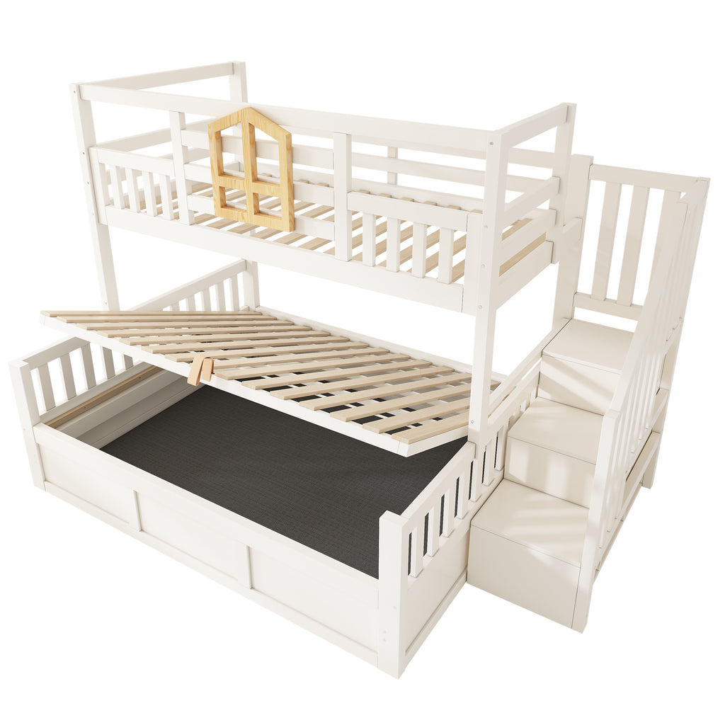 Bunk Beds for Kids, Staircase Bunk with Hydraulic Storage, Children's Bed with Storage Cube, Double Bunk Bed for Family with Multiple Children, (90+135) x 190 cm, Solid Wood, White