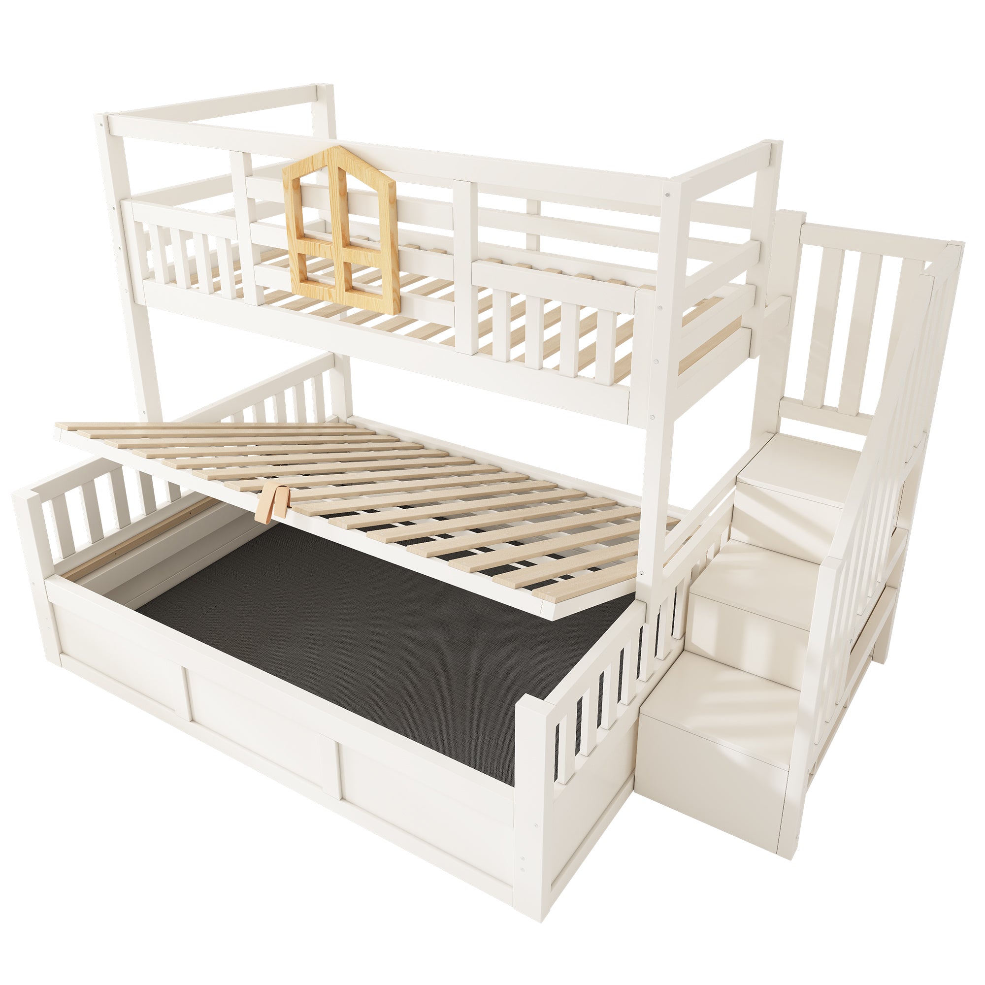 Bunk Beds for Kids, Staircase Bunk with Hydraulic Storage, Children's Bed with Storage Cube, Double Bunk Bed for Family with Multiple Children, (90+135) x 190 cm, Solid Wood, White