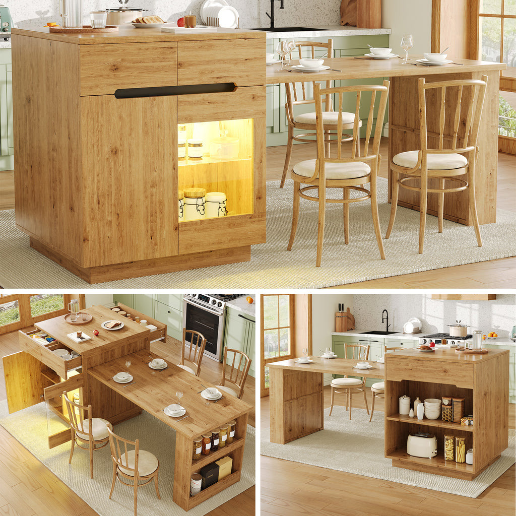 Kitchen Island with Extendable Table, Multifunctional Kitchen Storage Cabinet with LED Lighting (App Control), Oak Effect, Glass Door, for Kitchen & Dining Room