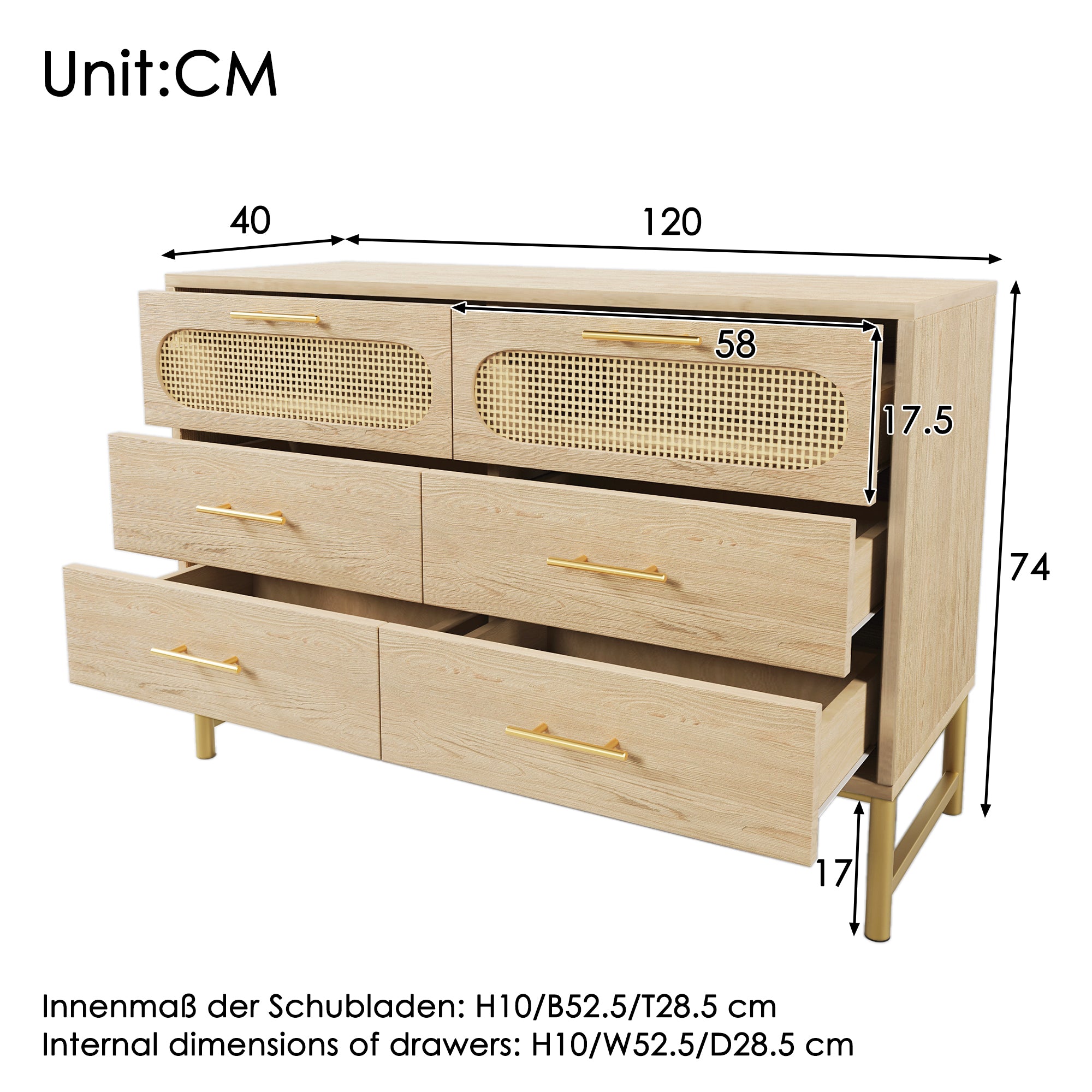 Rattan Sideboard Storage Cabinet with 6 Drawers,  Cupboard Sideboards for Living Room, Bedroom, and Hallway, Metal Handles, Anti-Tip, 120 x 40 x 74 cm, Oak