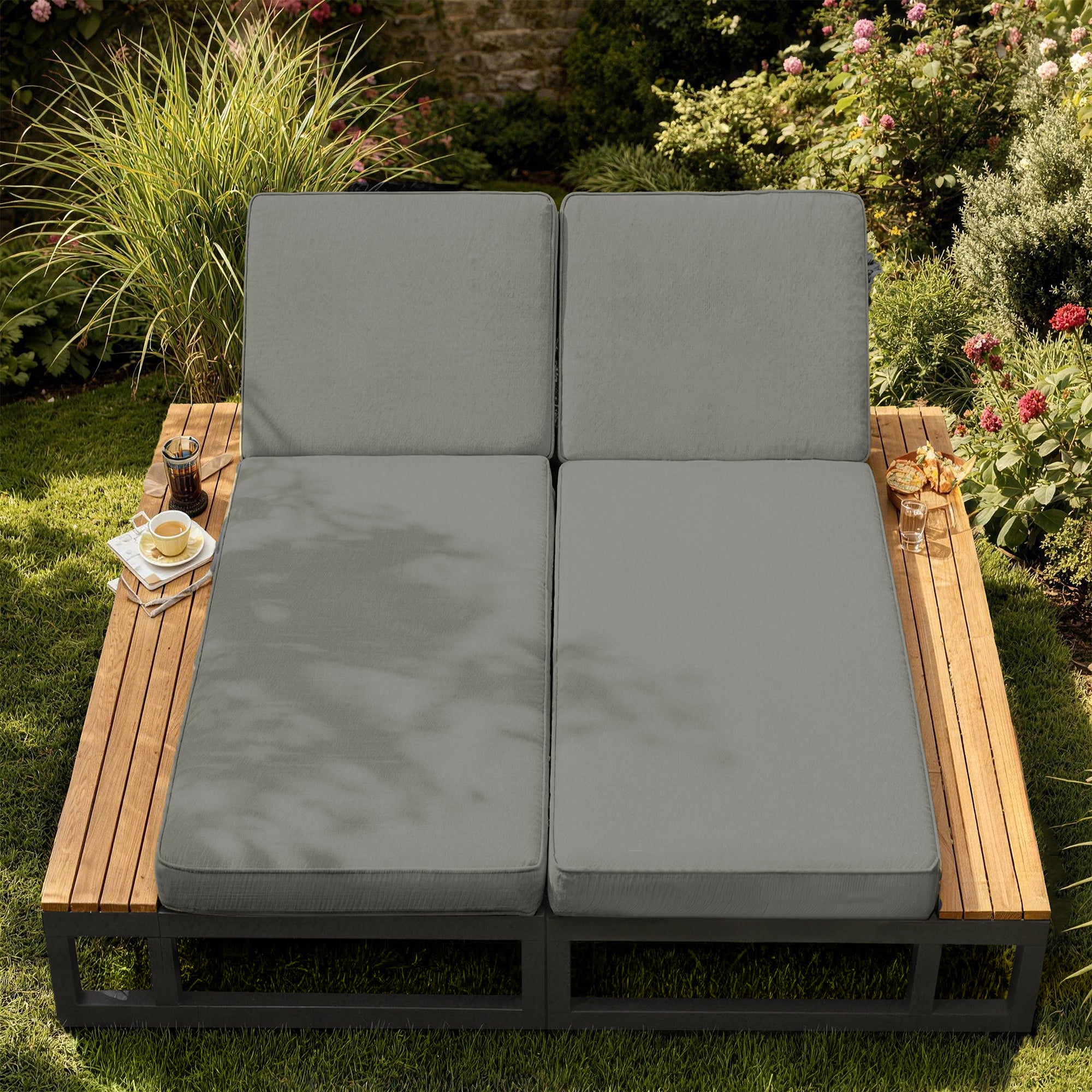 Outdoor Patio Daybed, Outdoor Lounger, Multifunctional Waterproof Sofa Bed, Sun Lounger for Patio, Adjustable Backrest Angle, Gray, Double Lounge Bed