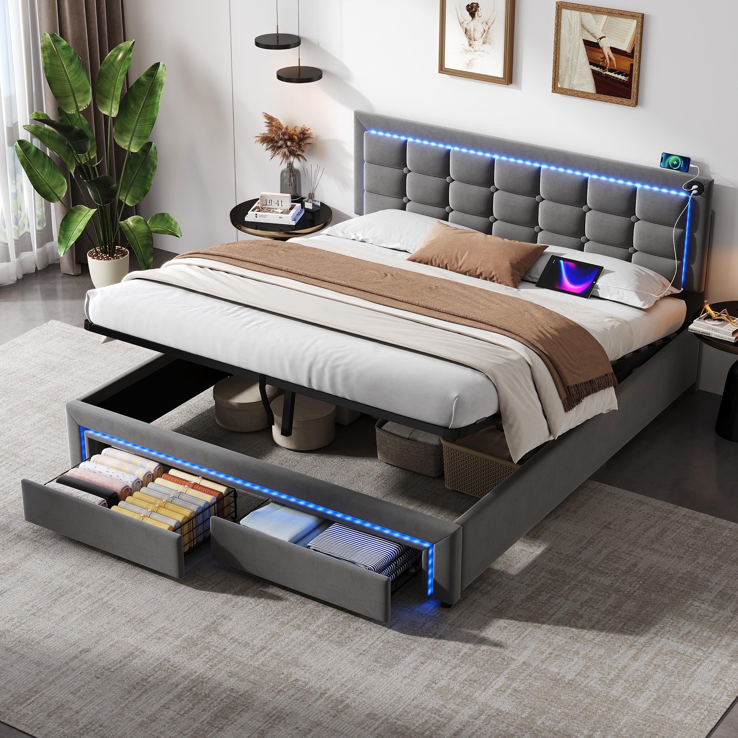5ft King Upholstered Bed Frame with Hydraulic and Drawers Storage, LED Adjustable Button Tufted Headboard with Charging Station, Velvet Hydraulic Bed with RGB LED Lighting, Grey (No Mattress)