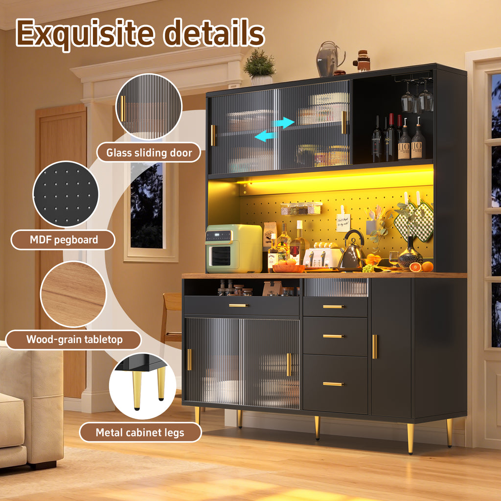 Highboard with LED Lighting & Pegboard Shelves, Tall Cabinet for Living Room, Kitchen & Dining Room Storage, Adjustable Freestanding Cupboard, 145x24x171cm, Black