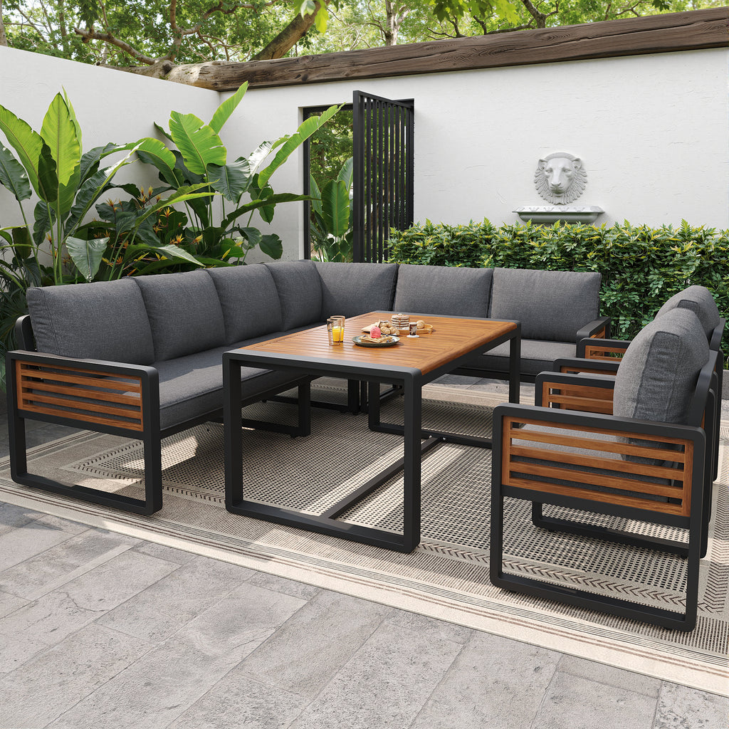 Garden lounge set, garden sofa with dining table made of solid wood, furniture set for 8 people, adjustable legs, all seat and back cushions included, gray