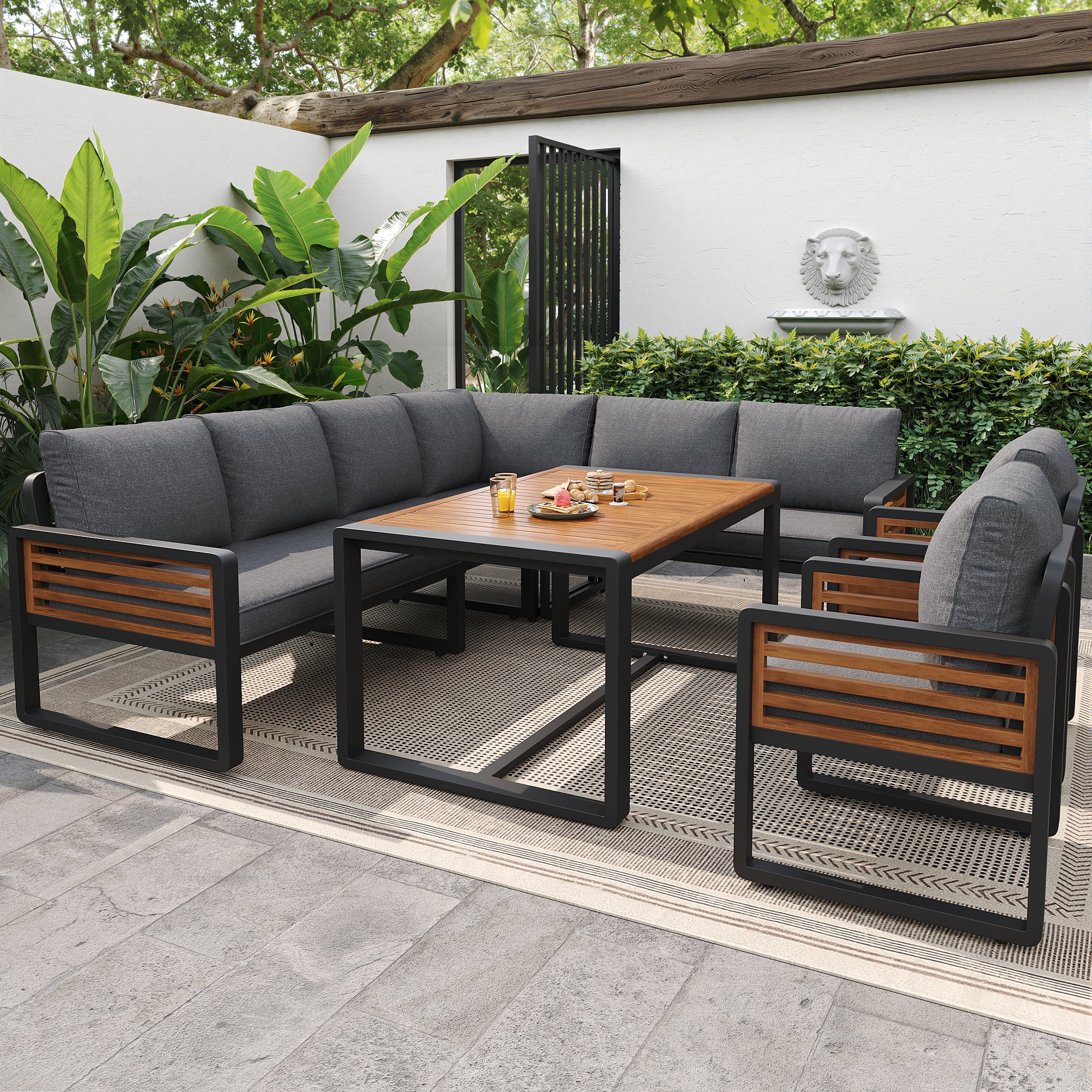 Garden lounge set, garden sofa with dining table made of solid wood, furniture set for 8 people, adjustable legs, all seat and back cushions included, gray